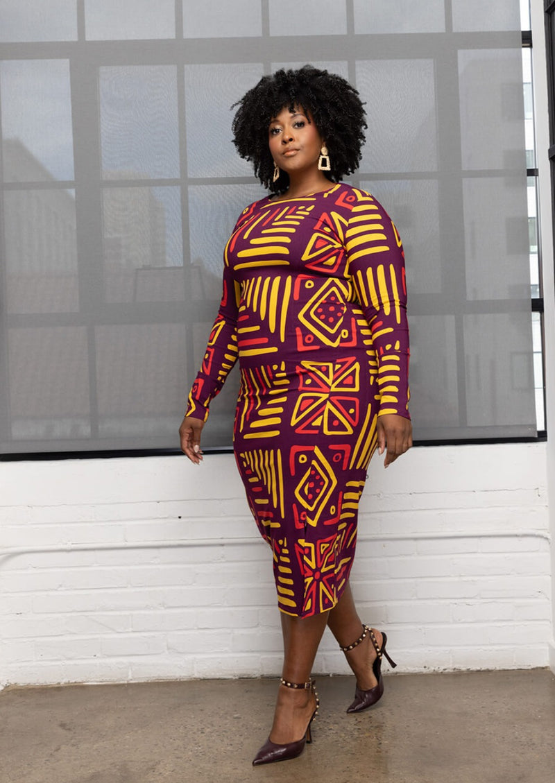 Chidima Women's African Print Stretch Midi Dress (Plum Gold Tribal)
