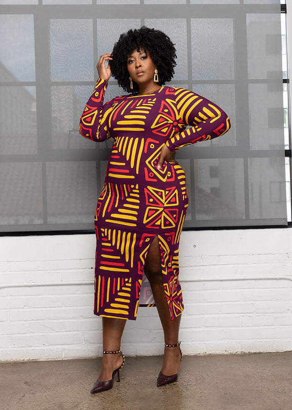 Chidima Women's African Print Stretch Tunic Dress (Plum Gold Tribal)