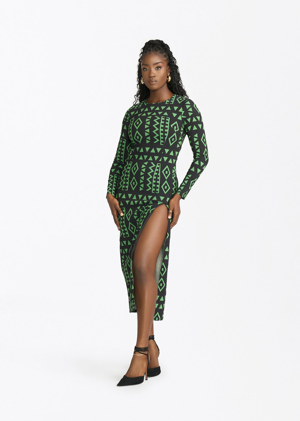 Chidima Women's African Print Fitted Dress (Moss Black Geometric) - D'IYANU