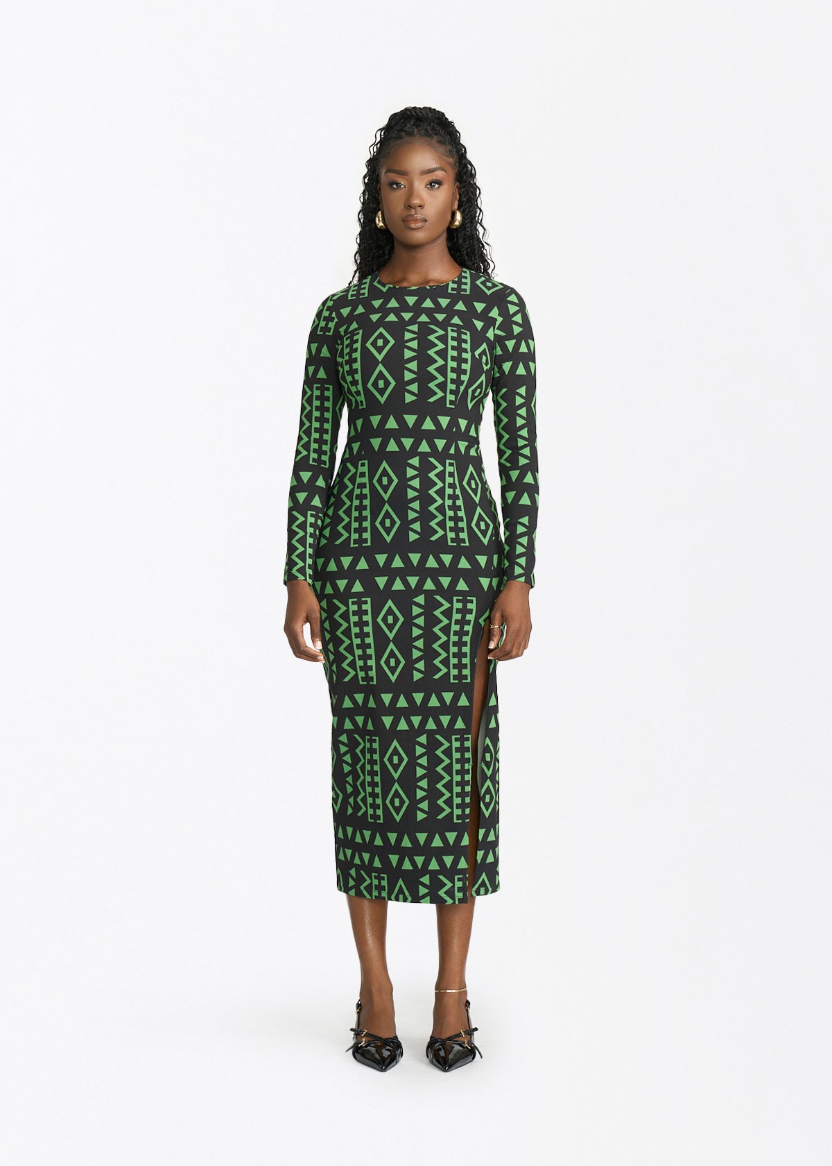 Chidima Women's African Print Fitted Dress (Moss Black Geometric) - D'IYANU