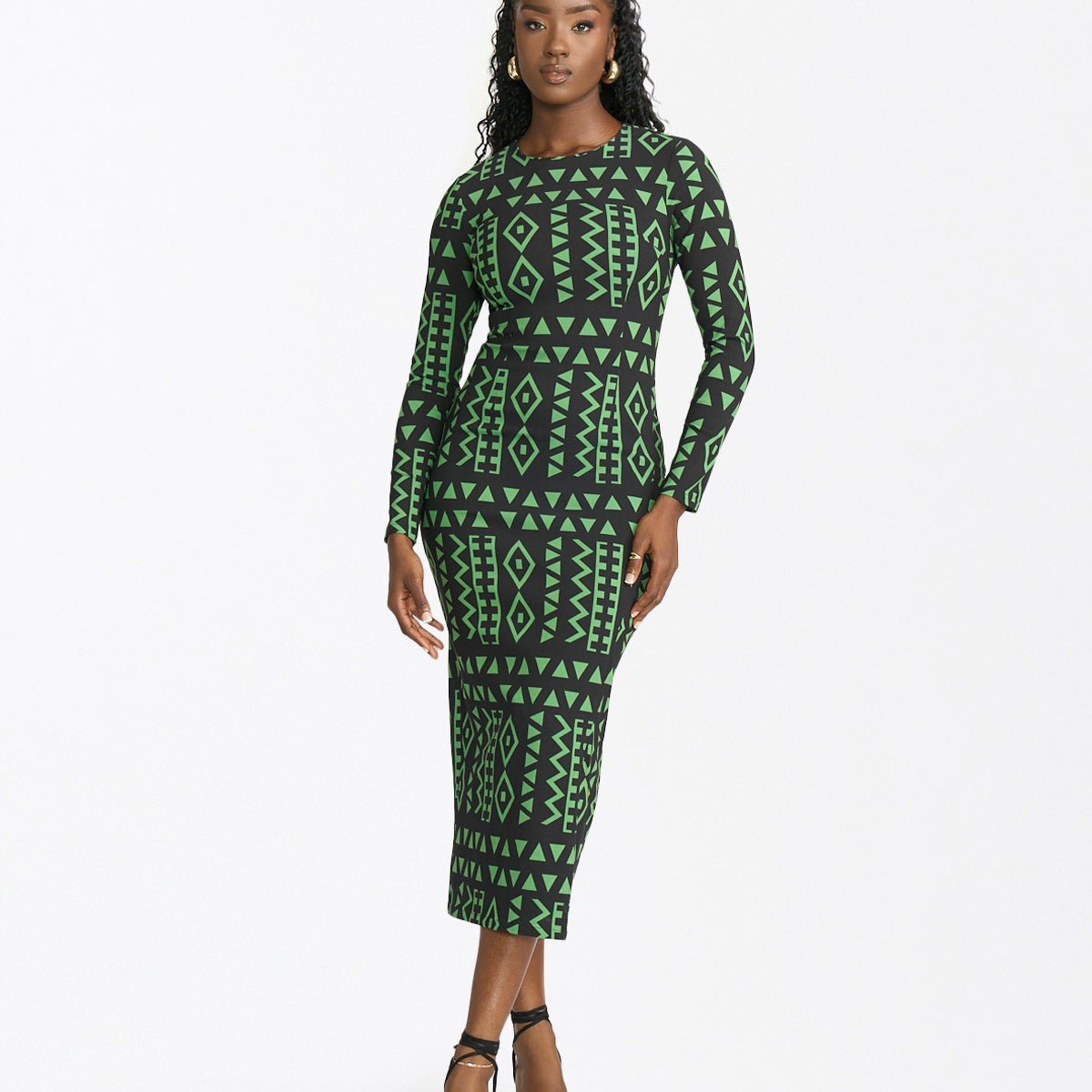 Chidima Women's African Print Fitted Dress (Moss Black Geometric)