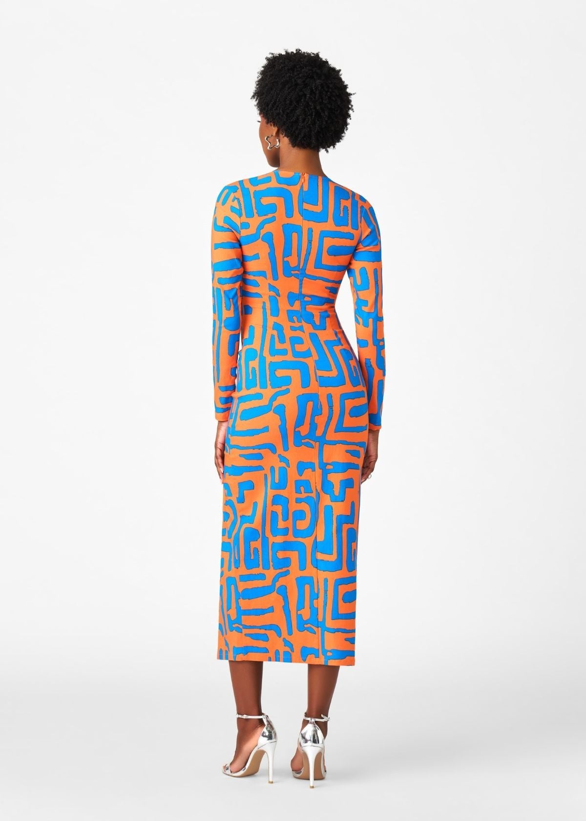Chidima Women's African Print Stretch Midi Dress (Orange Blue Geometric) - D'IYANU