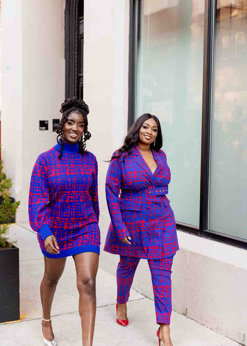 Keziah Women's African Print Sweater Dress (Red Blue Adire)