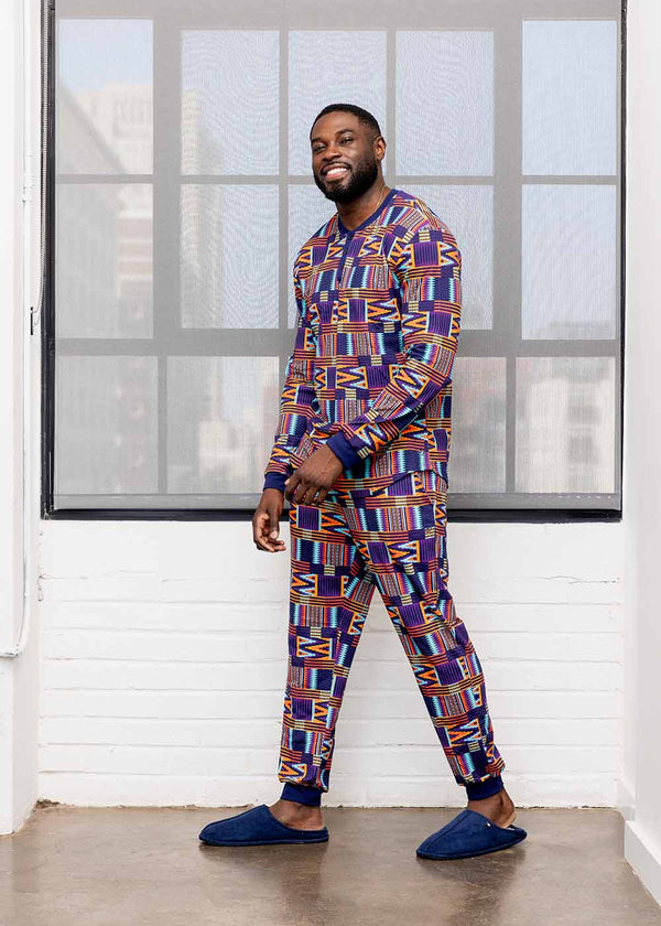 Mobisi Men's African Print Pajama Set (Purple Mint Kente)
