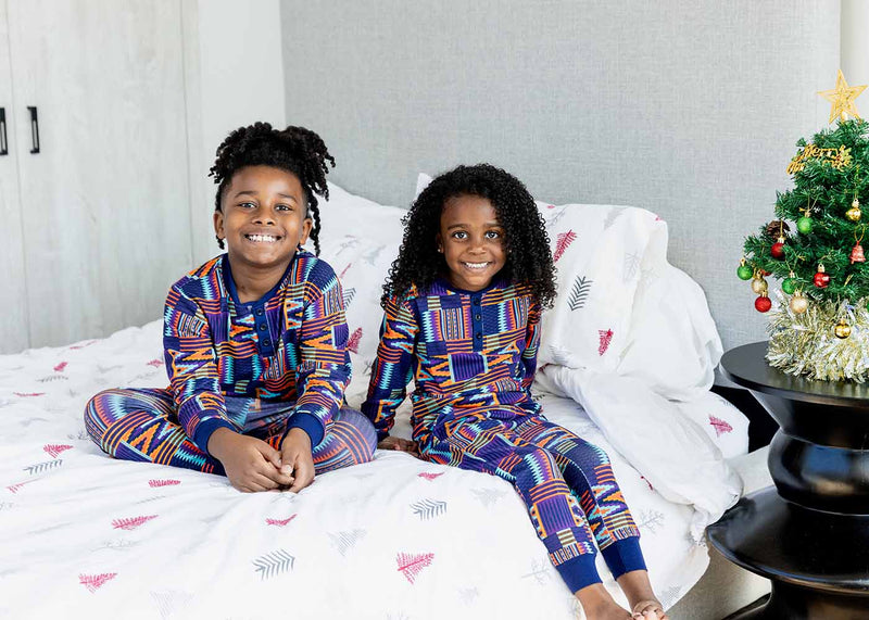 Abeje Kids' Unisex African Print Pajama Set (Purple Mint Kente)