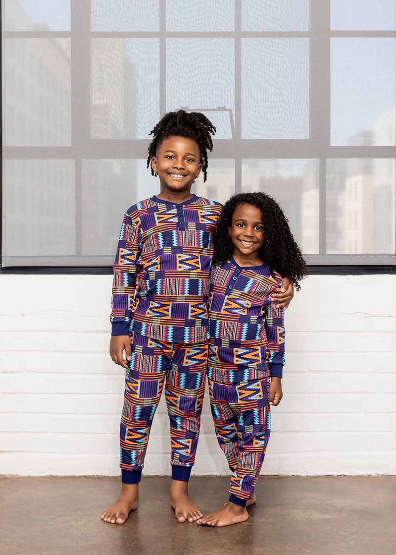 Abeje Kids' Unisex African Print Pajama Set (Purple Mint Kente)