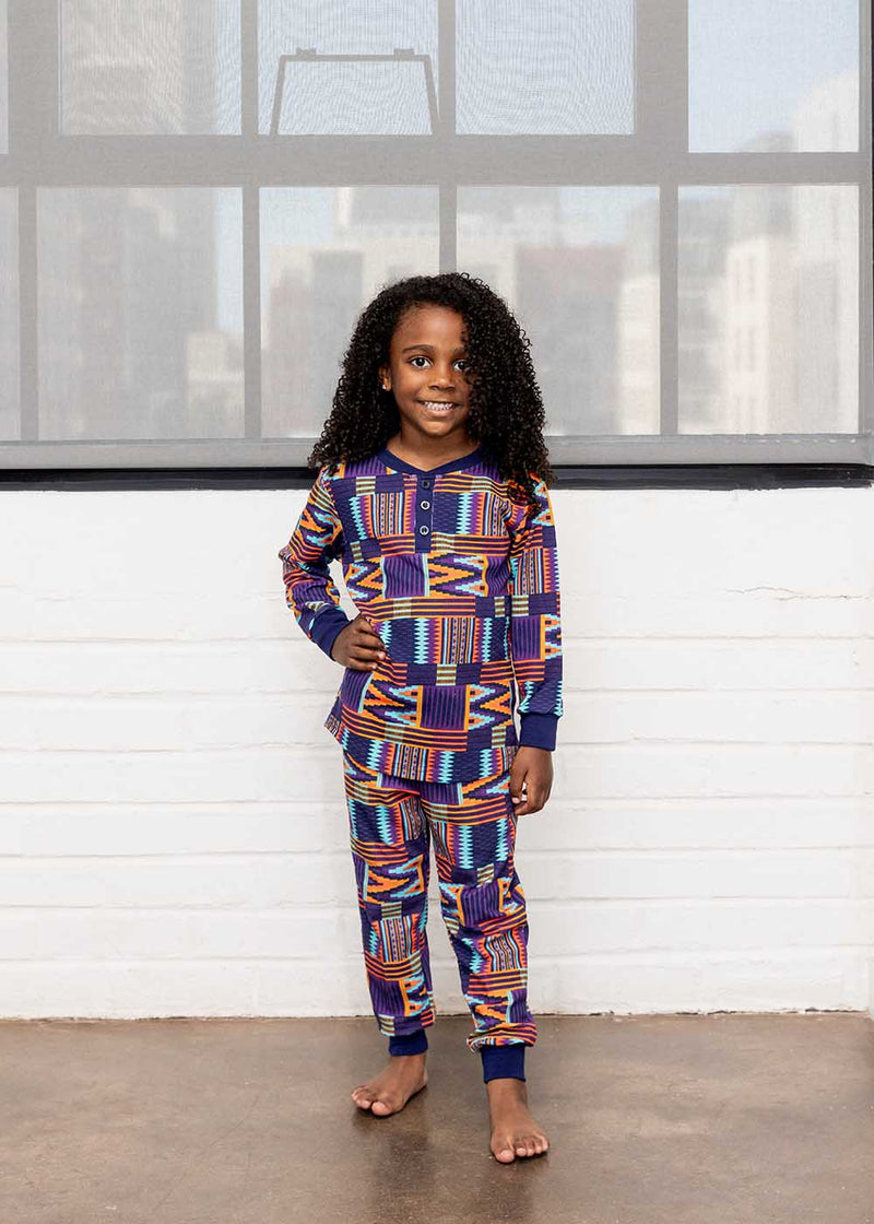 Abeje Kids' Unisex African Print Pajama Set (Purple Mint Kente)