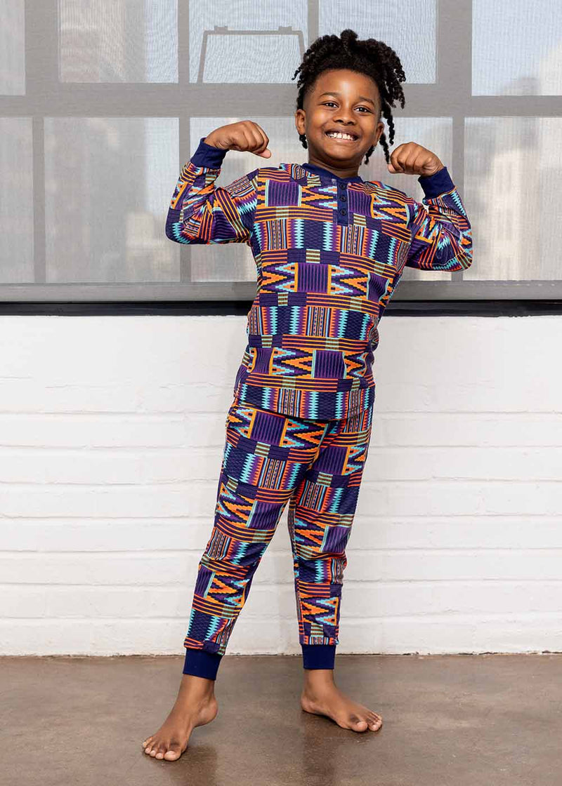 Abeje Kids' Unisex African Print Pajama Set (Purple Mint Kente)