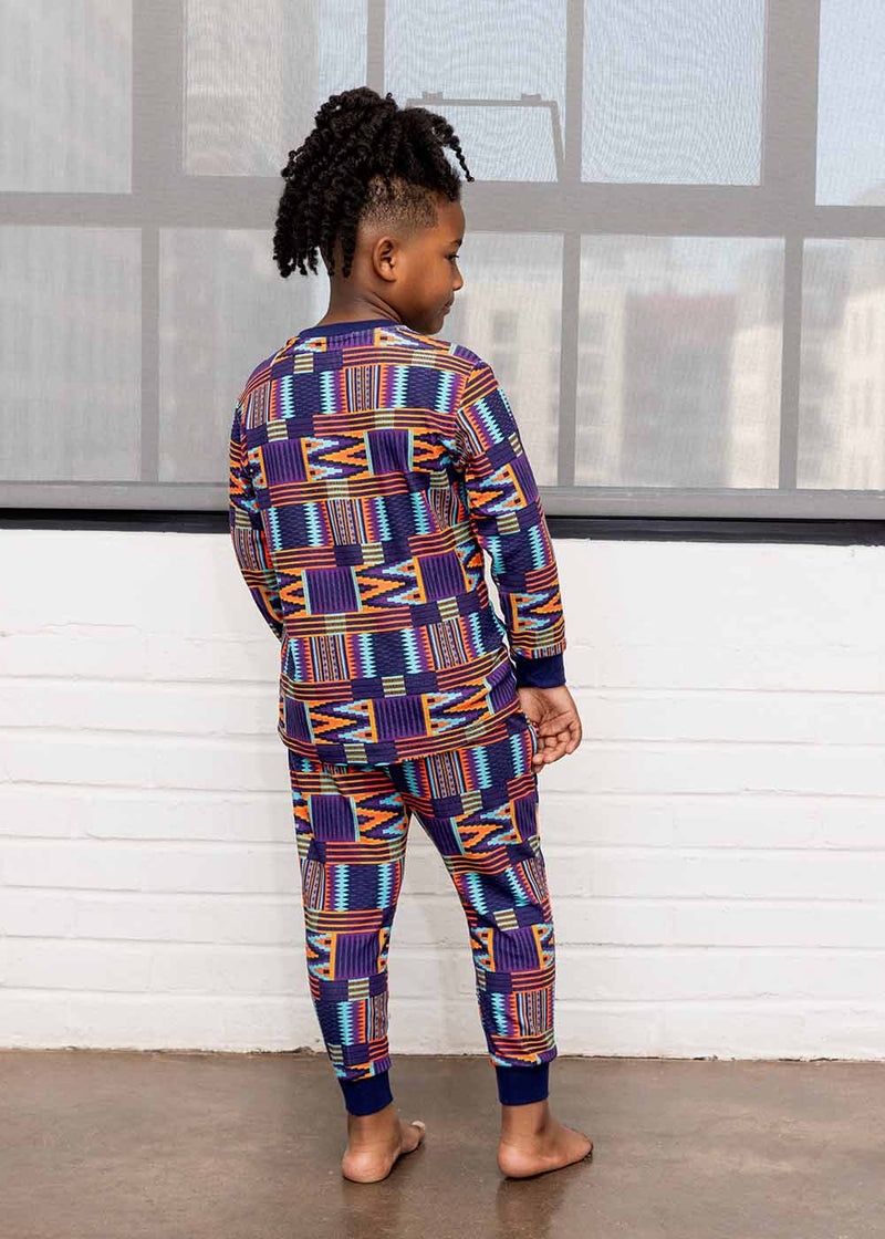 Abeje Kids' Unisex African Print Pajama Set (Purple Mint Kente)