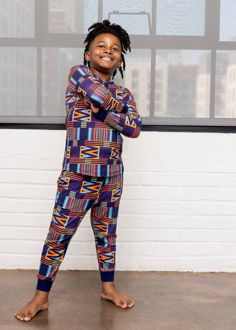 Abeje Kids' Unisex African Print Pajama Set (Purple Mint Kente)