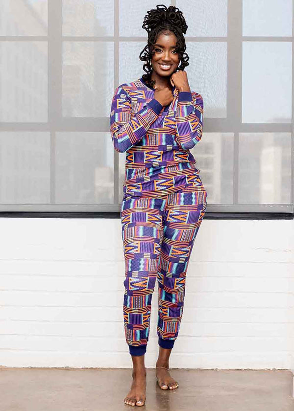 Tella Women's African Print Pajama Set (Purple Mint Kente) - Clearance