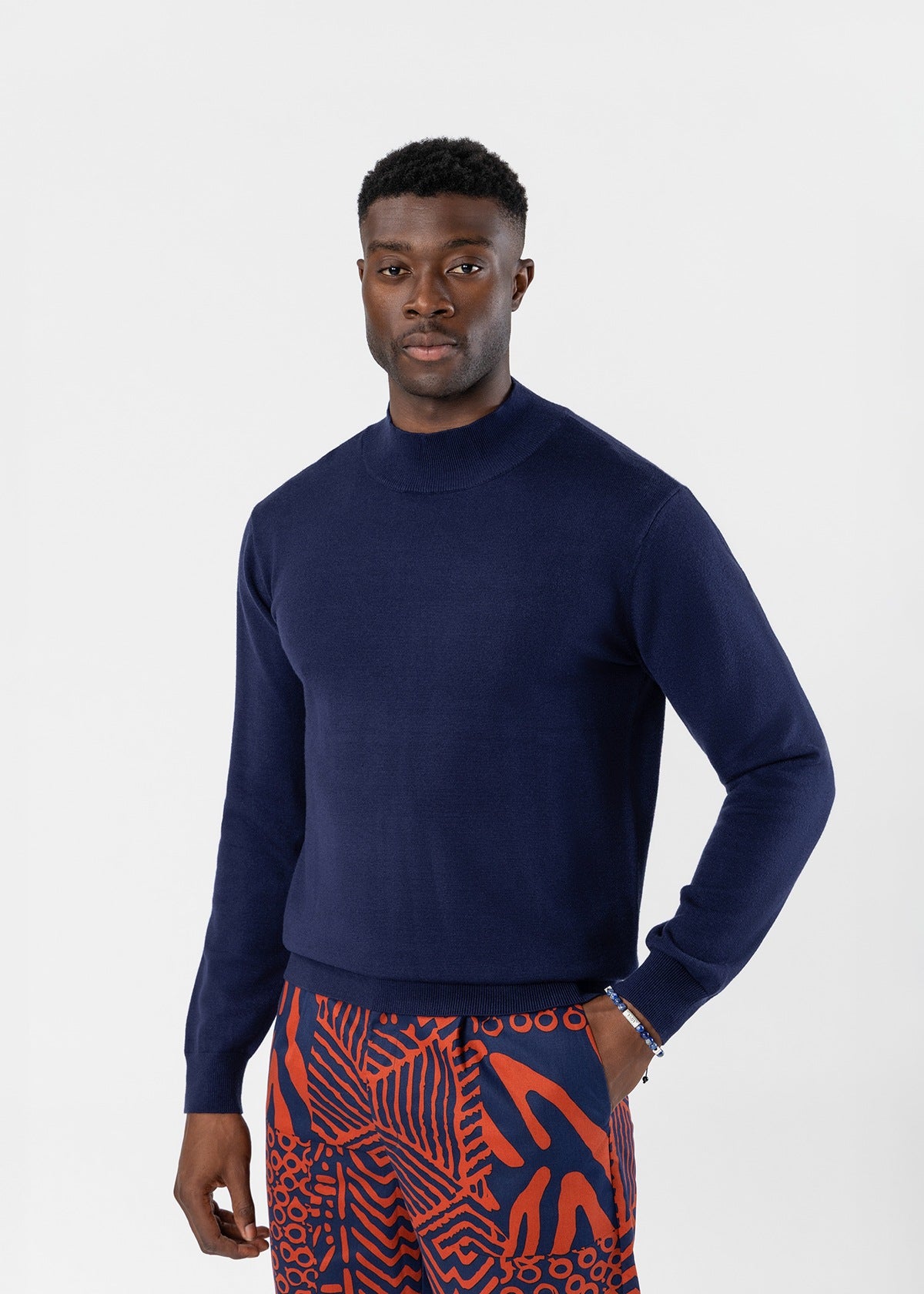 Daman Men's L/S Mock Neck Sweater (Navy) - D'IYANU