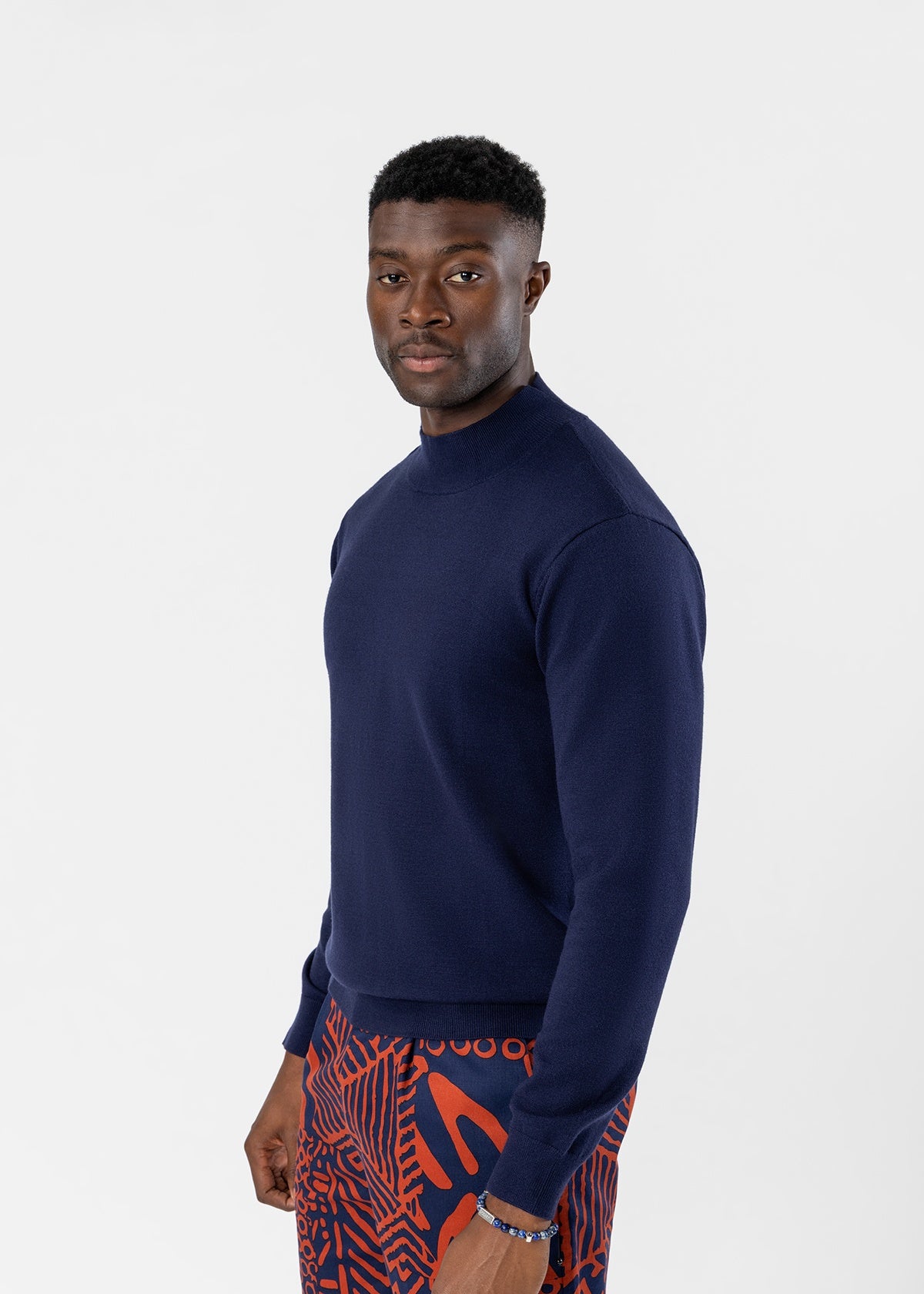 Daman Men's L/S Mock Neck Sweater (Navy) - D'IYANU