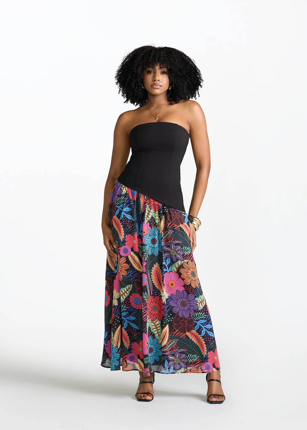 Damilola Women's African Print Strapless Dress (Black Tropical Floral) - D'IYANU