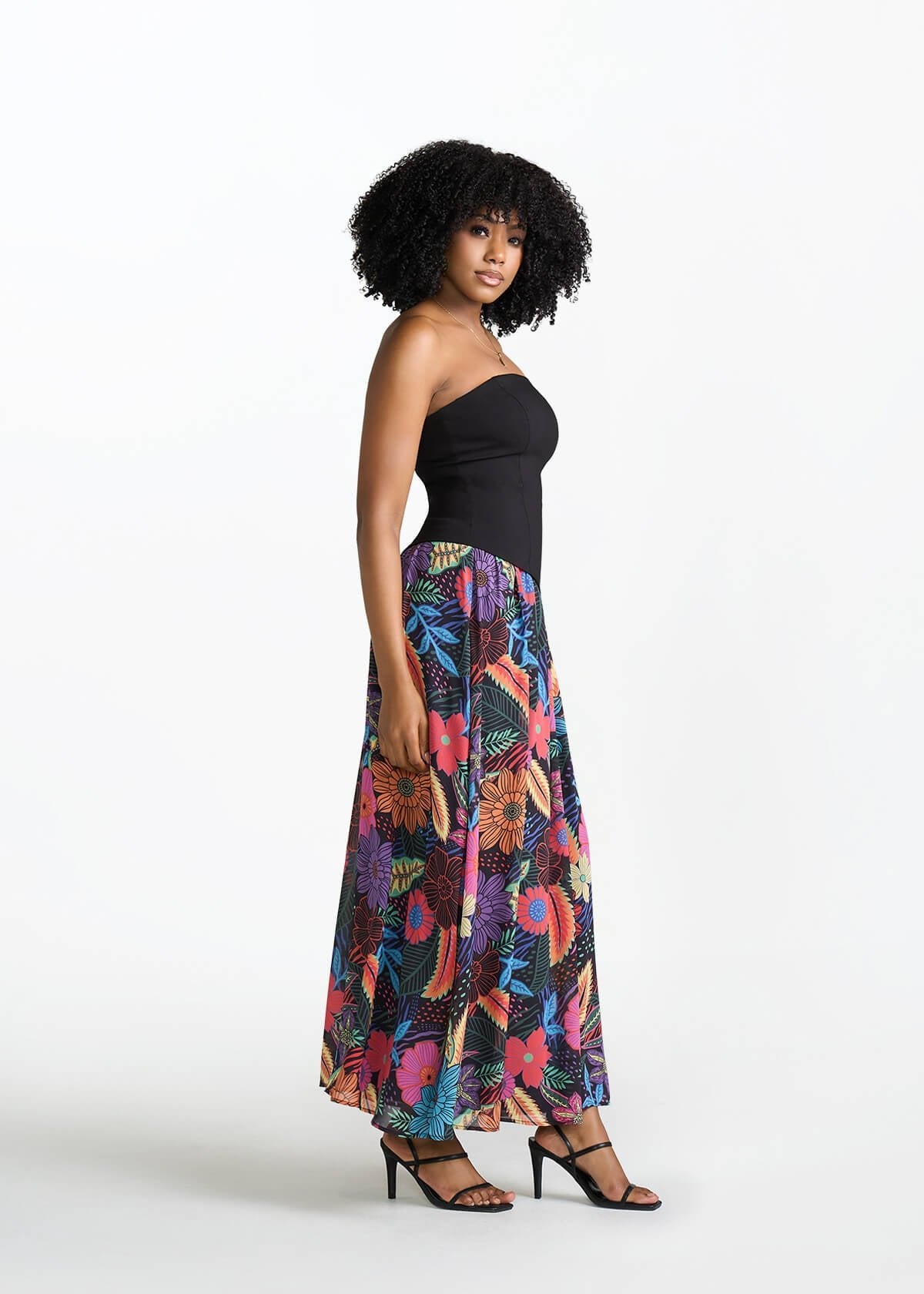 Damilola Women's African Print Strapless Dress (Black Tropical Floral) - D'IYANU