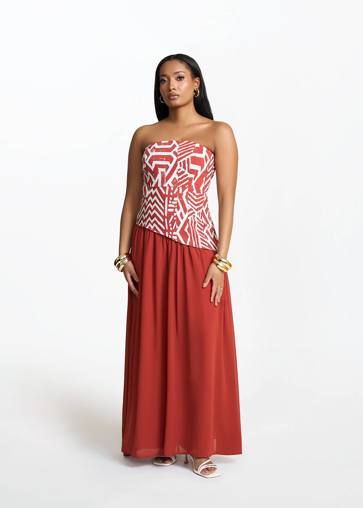 Damilola Women's African Print Strapless Dress (Brick Multipattern) - D'IYANU