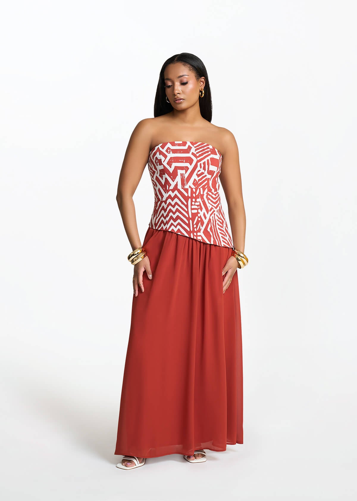 Damilola Women's African Print Strapless Dress (Brick Multipattern) - D'IYANU