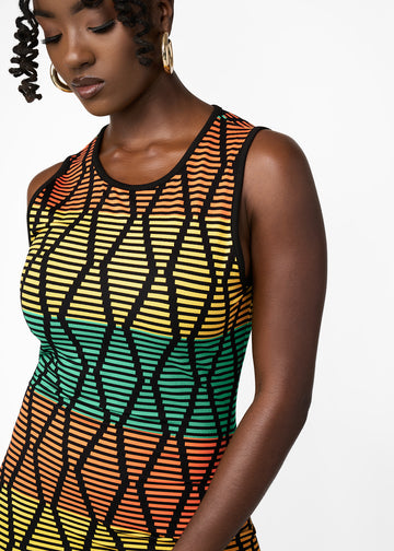 Danai Women's African Print Jersey Fringe Tank Dress (Multi Diamond Stripe)