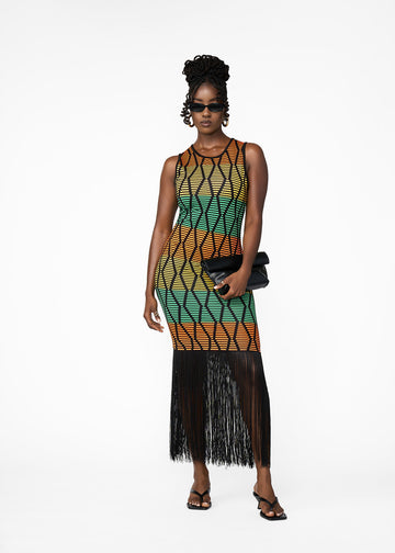 Danai Women's African Print Jersey Fringe Tank Dress (Multi Diamond Stripe)
