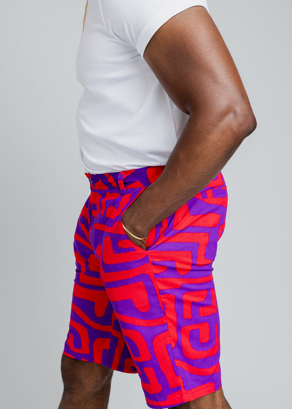 Debare Men's African Print Shorts (Purple Red Geometric)