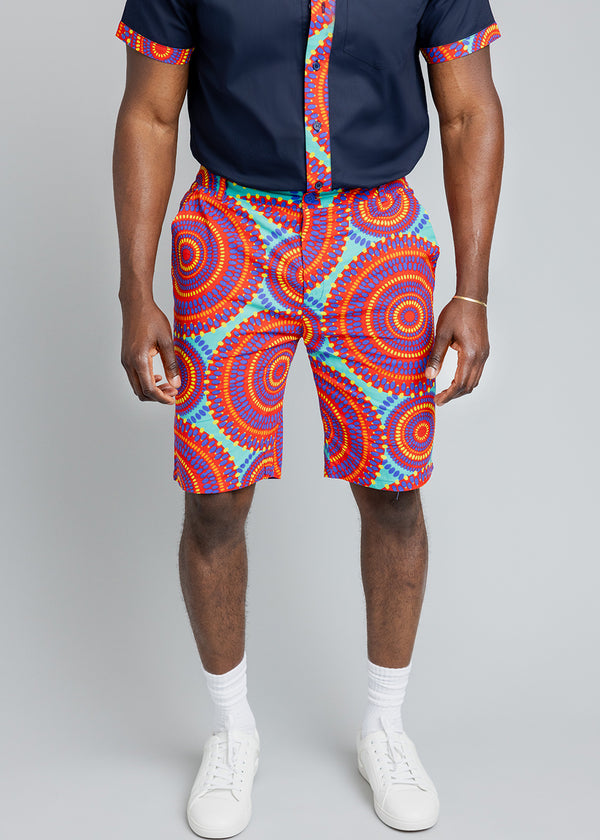 Debare Men's African Print Shorts (Turquoise Red Circles)