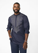 Dubaku Men's Traditional African Embroidery Shirt (Navy)