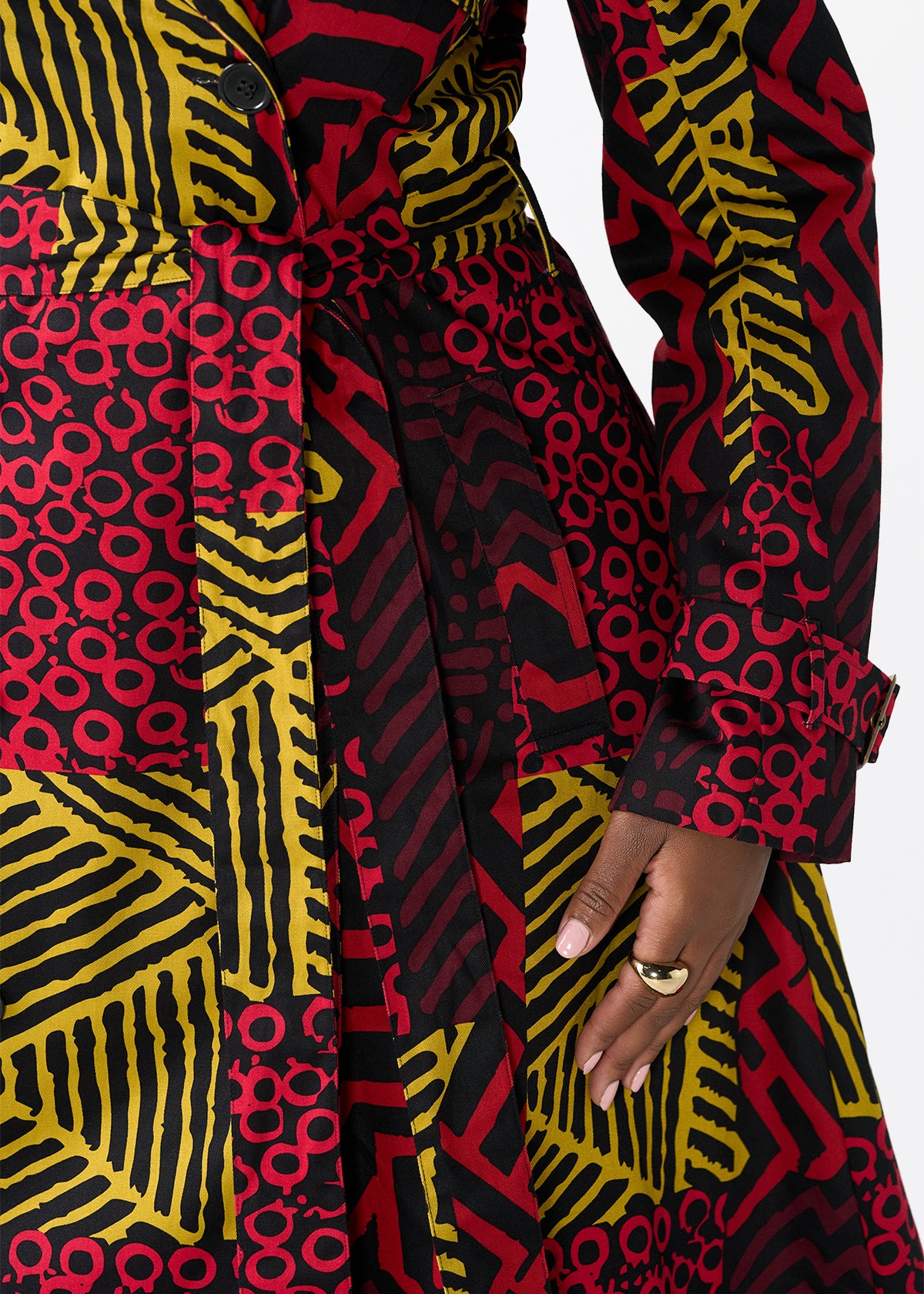 Ebony Women's African Print Utility Trench Coat (Black Cherry Multipattern)