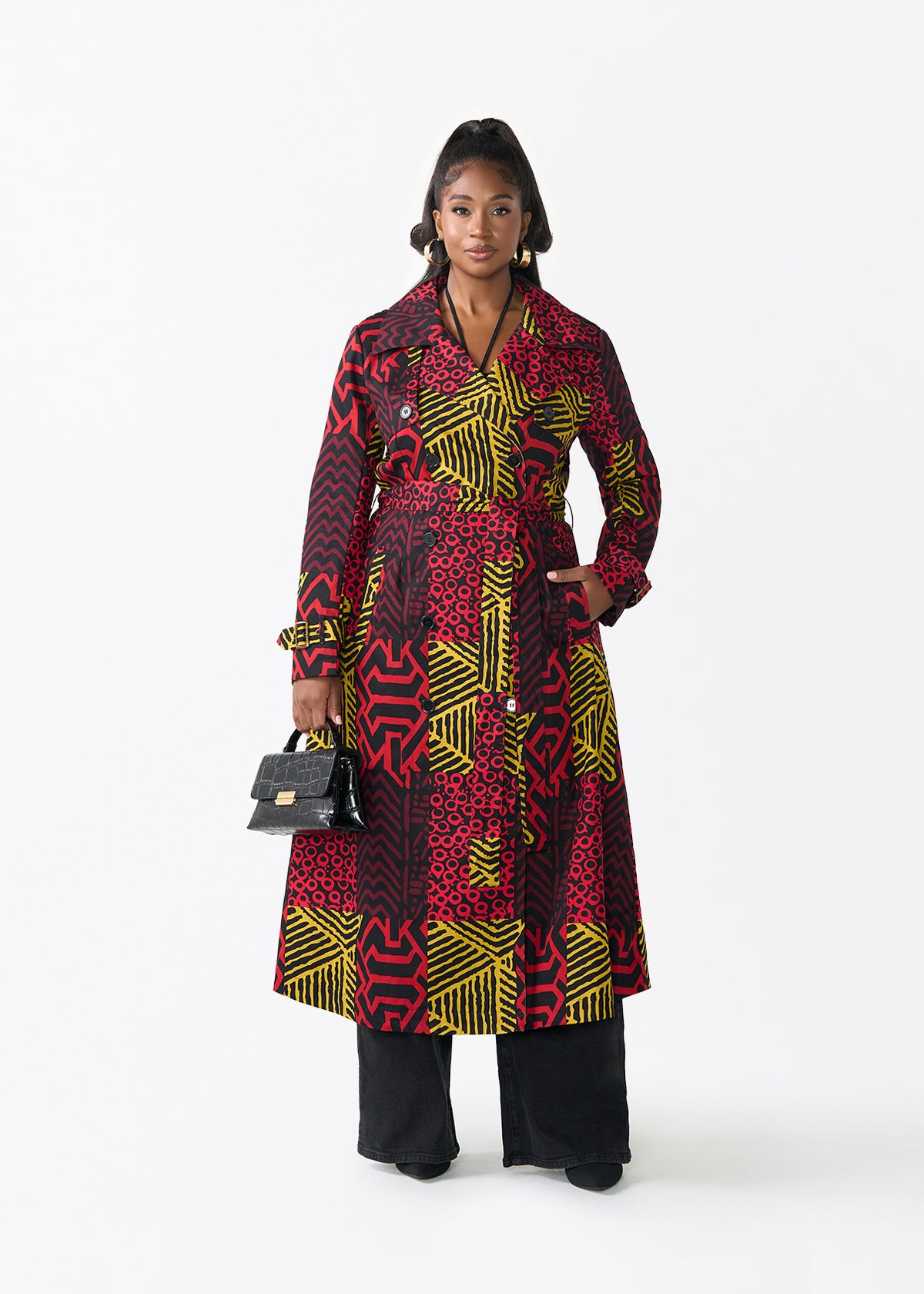 Ebony Women's African Print Utility Trench Coat (Black Cherry Multipattern)