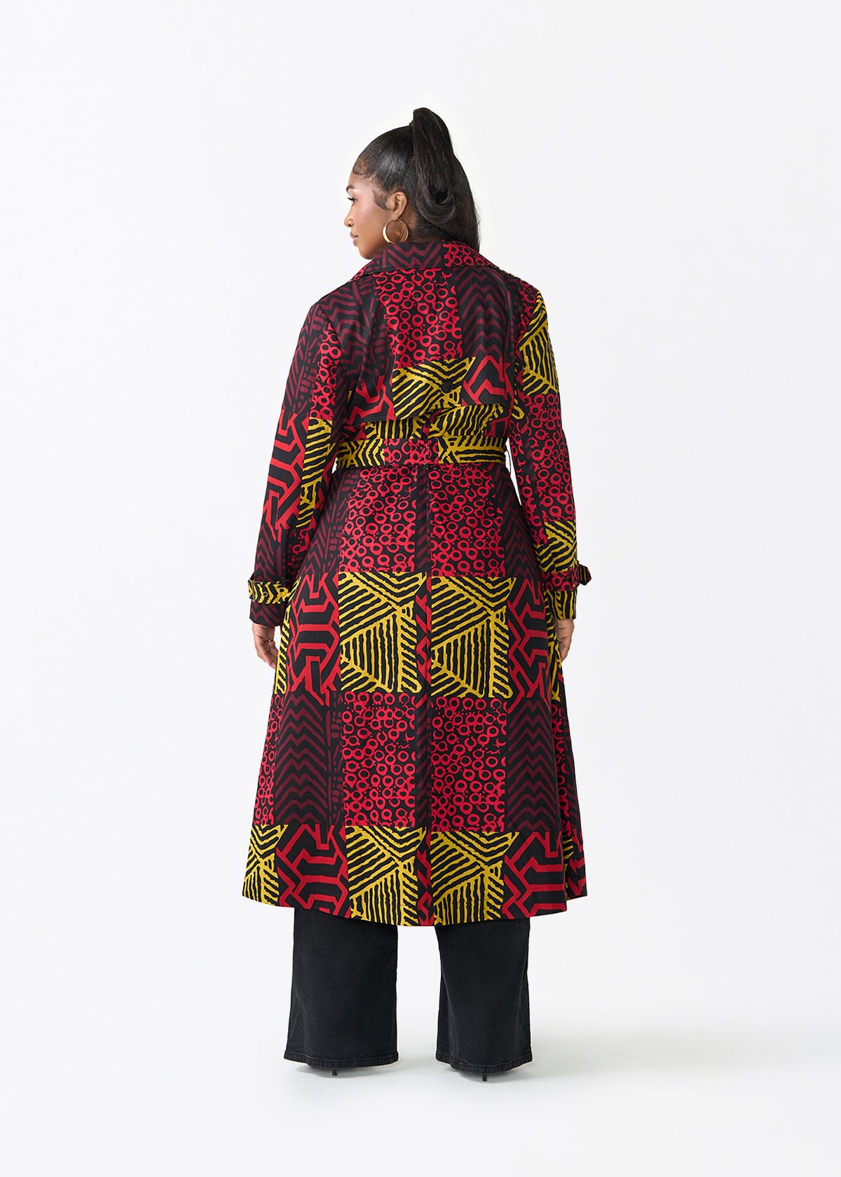 Ebony Women's African Print Utility Trench Coat (Black Cherry Multipattern)