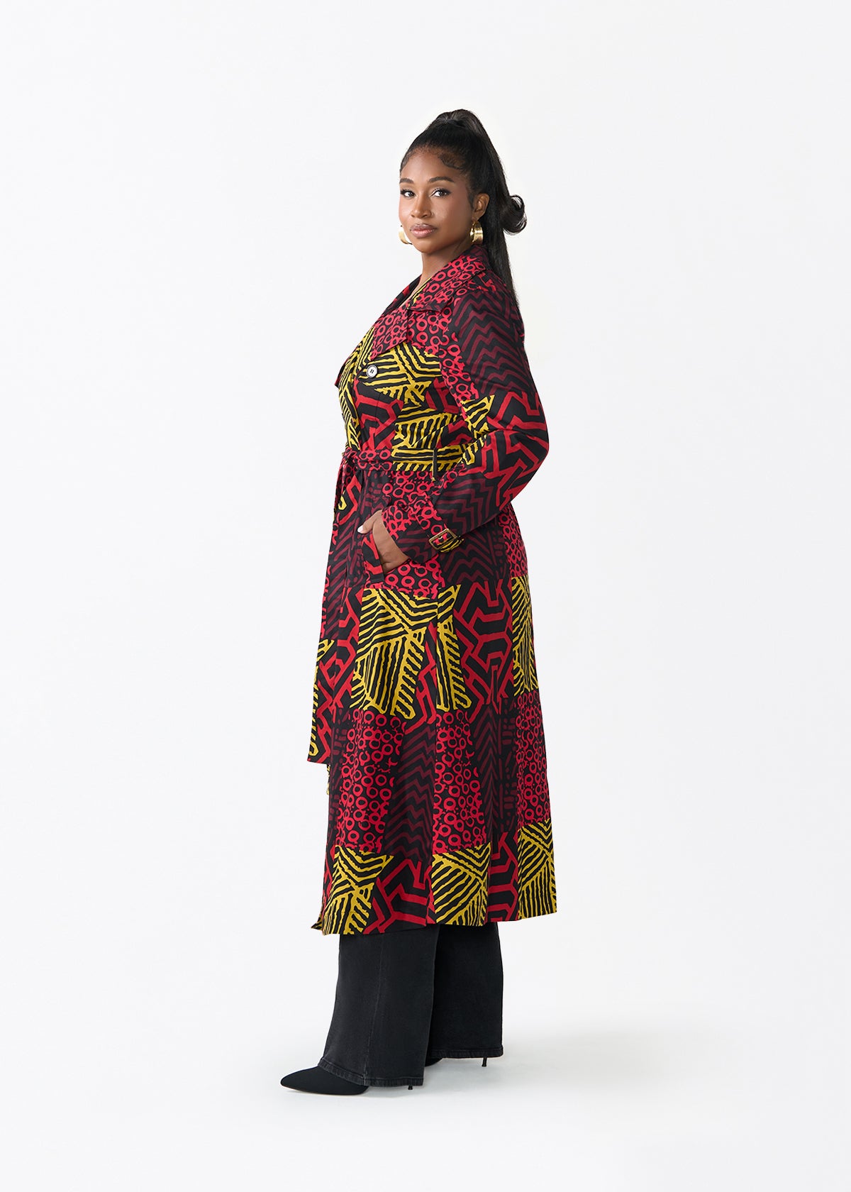 Ebony Women's African Print Utility Trench Coat (Black Cherry Multipattern)