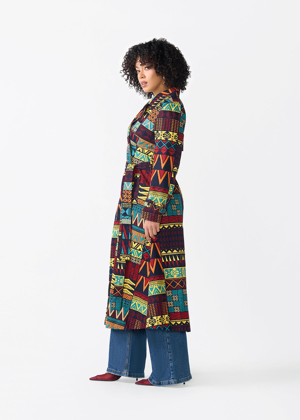 Ebony Women's African Print Utility Trench Coat (Navy Multicolor Kente)