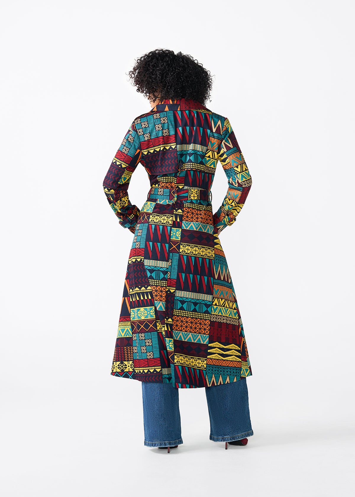 Ebony Women's African Print Utility Trench Coat (Navy Multicolor Kente)