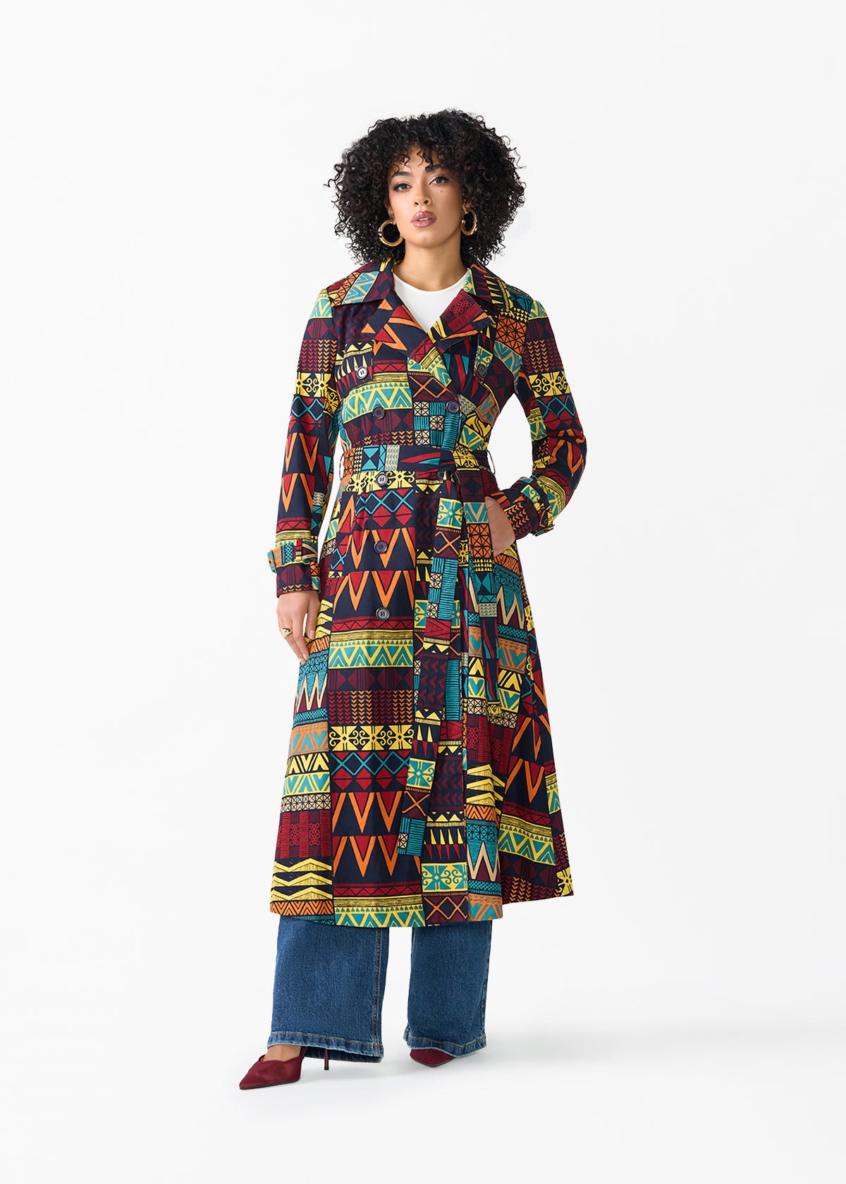 Ebony Women's African Print Utility Trench Coat (Navy Multicolor Kente)