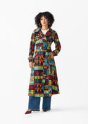 Ebony Women's African Print Utility Trench Coat (Navy Multicolor Kente)
