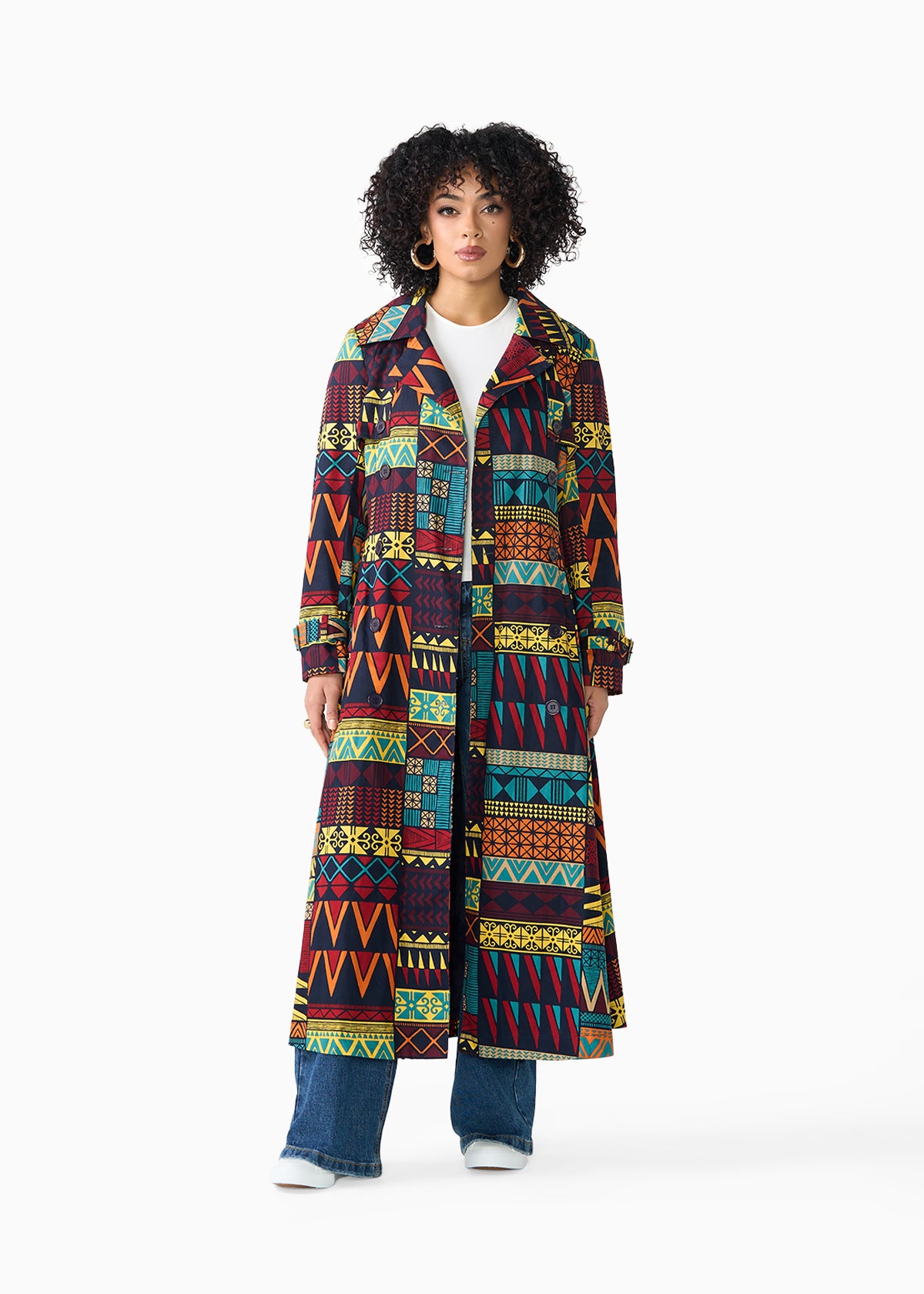 Ebony Women's African Print Utility Trench Coat (Navy Multicolor Kente)