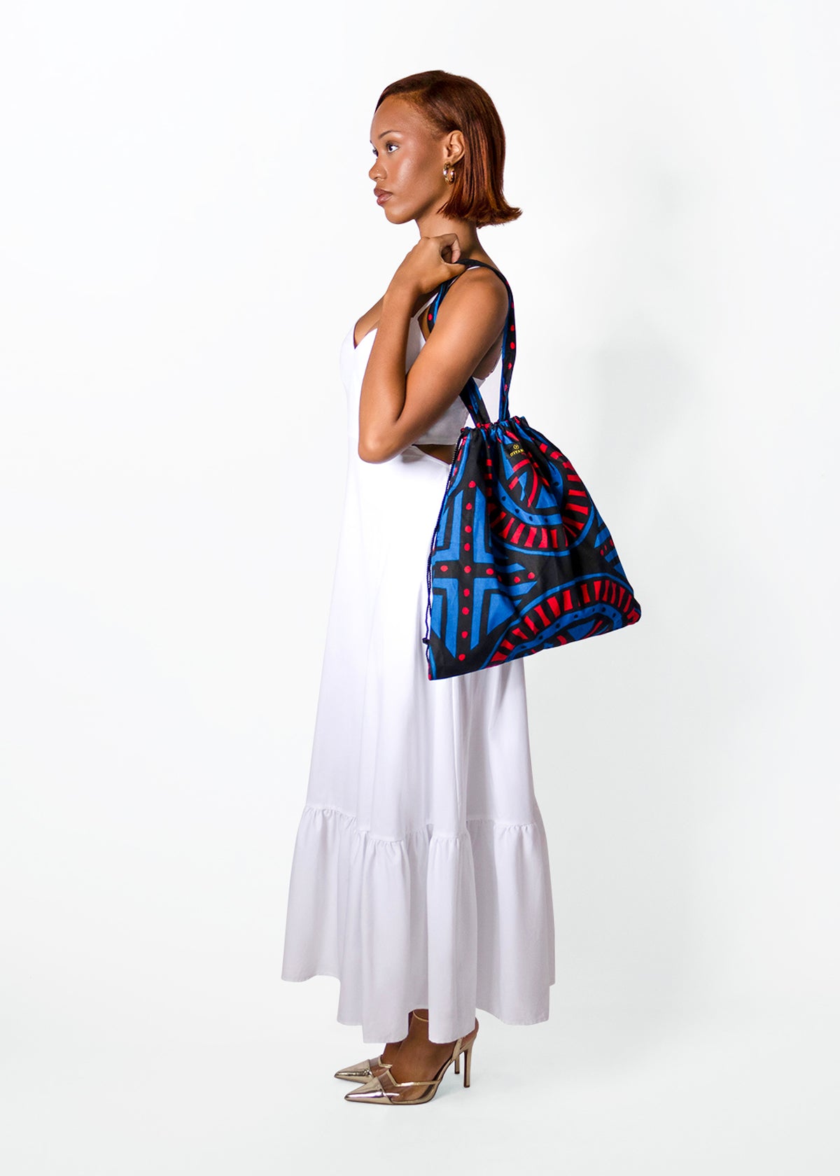 Ebuni African Print Tote Bag  (Blue Red Tiles)