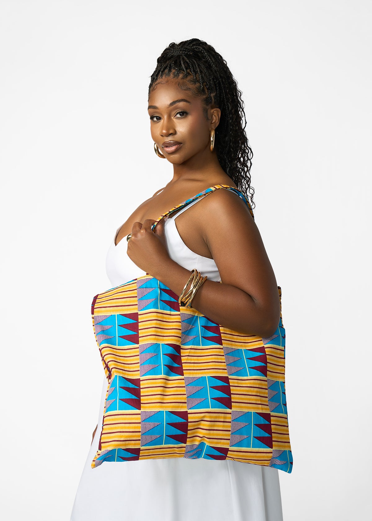 Ebuni African Print Tote  (Tan Blue Kente)