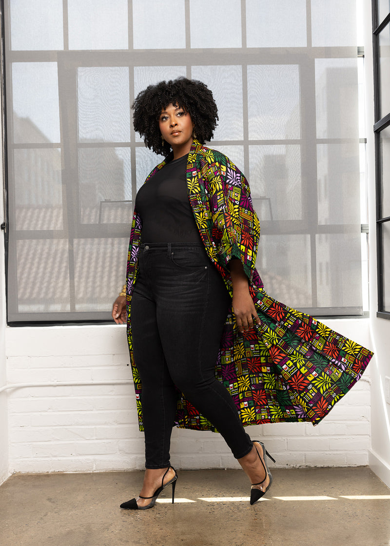 Efia Women's African Print Kimono (Black Tropical Leaves)