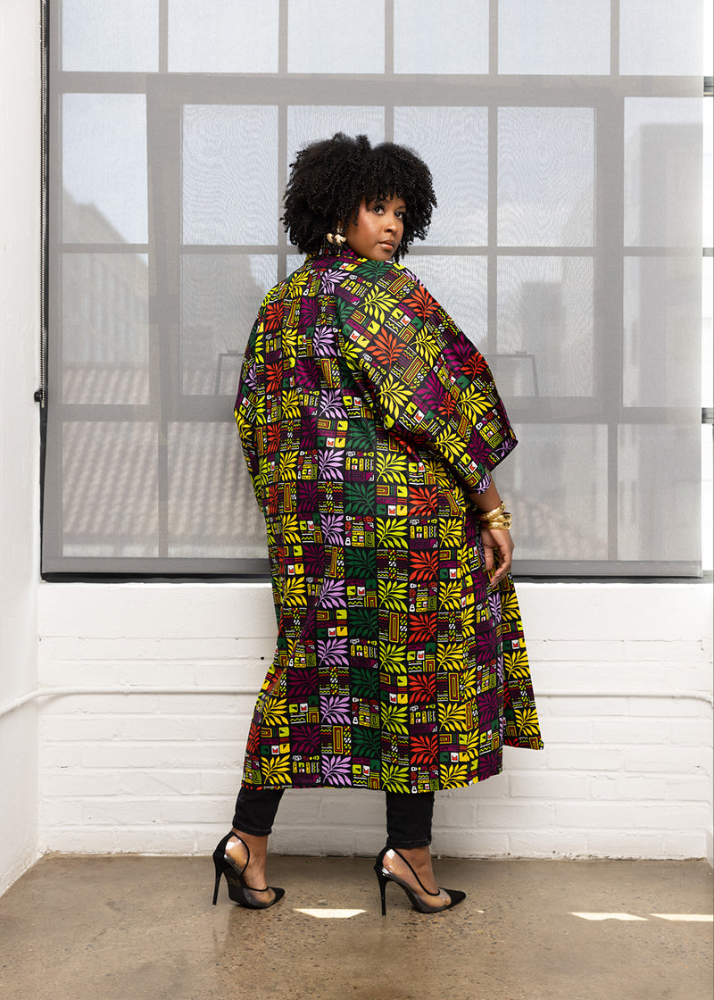 Efia Women's African Print Kimono (Black Tropical Leaves)