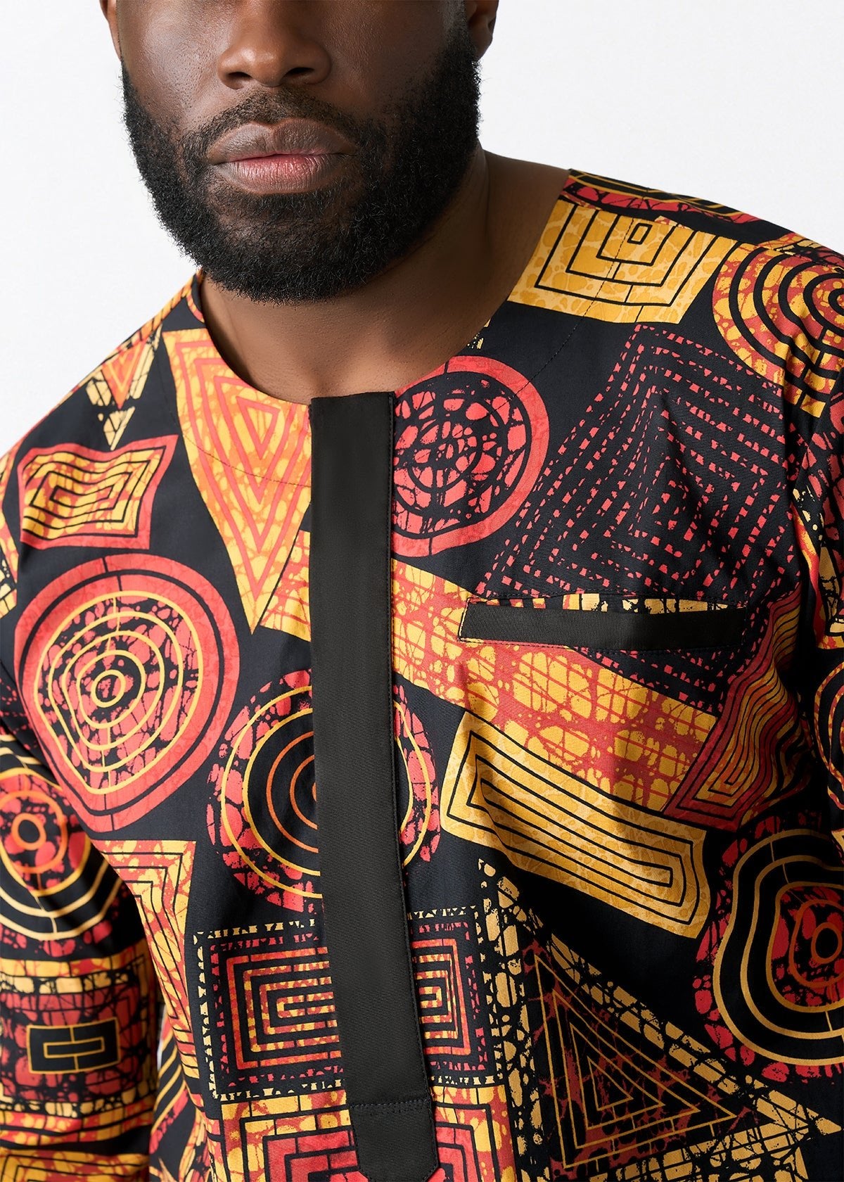 Ejiro Men's African Print Traditional Top (Black Cinnamon Geometric) - D'IYANU