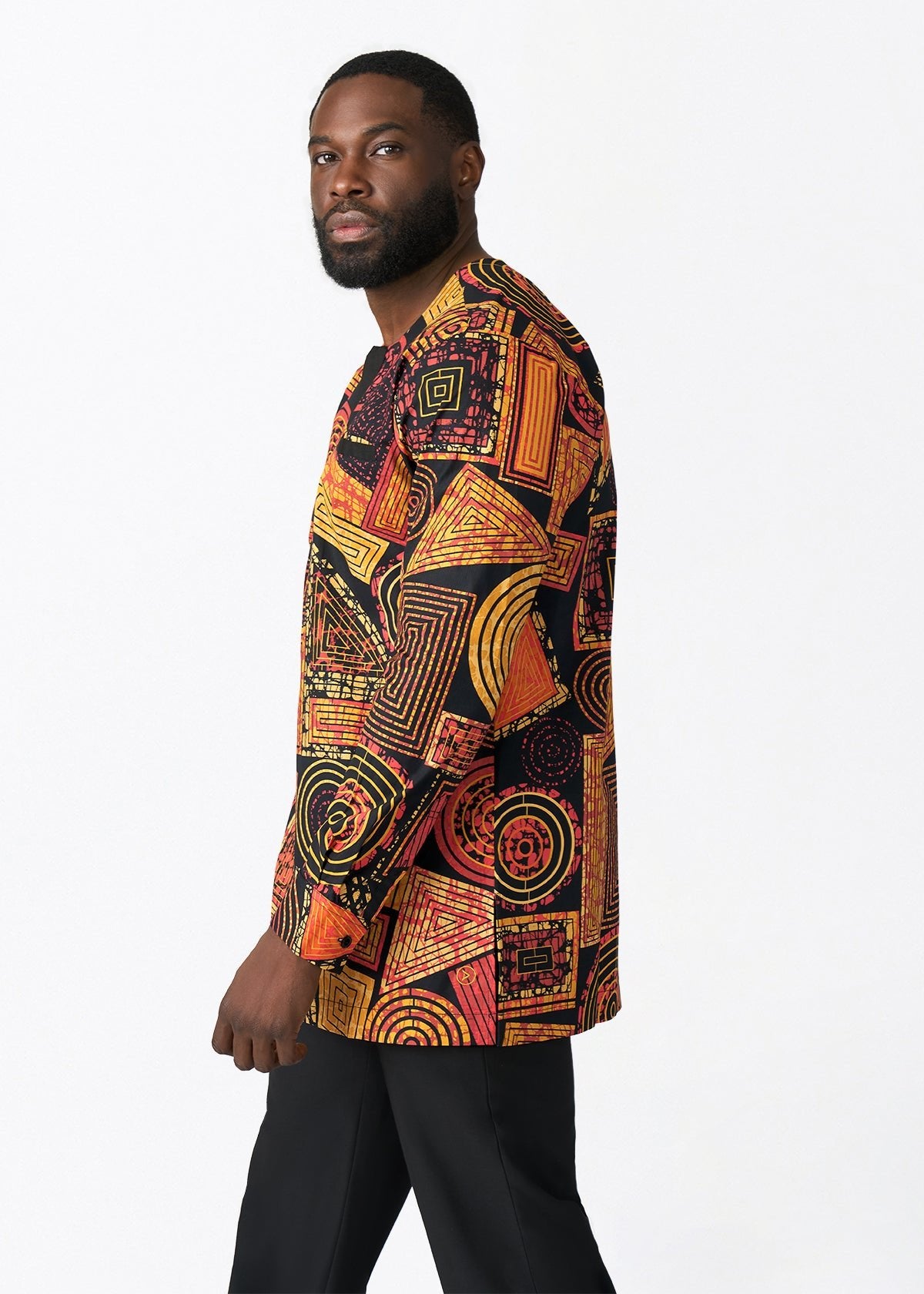 Ejiro Men's African Print Traditional Top (Black Cinnamon Geometric) - D'IYANU