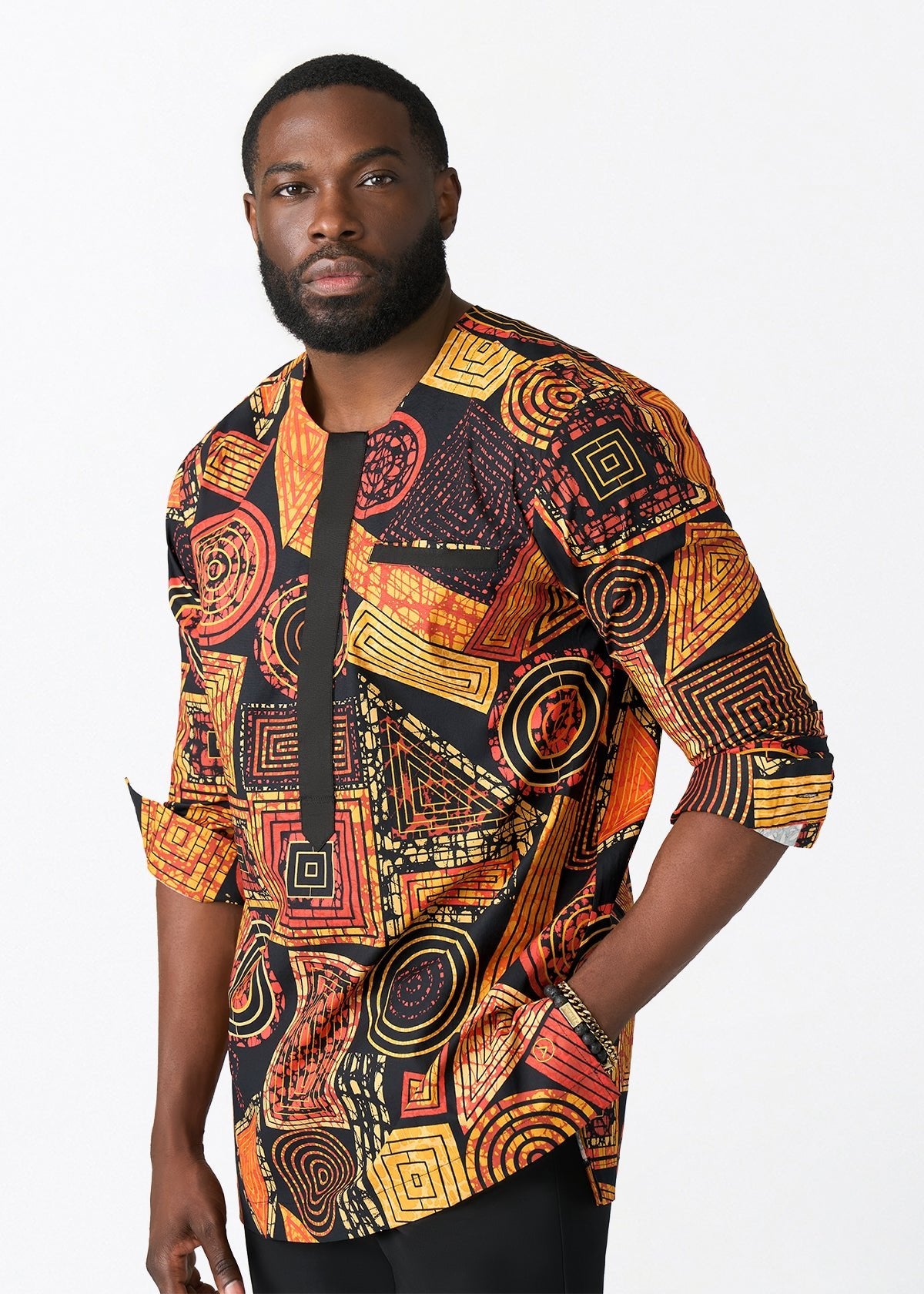 Ejiro Men's African Print Traditional Top (Black Cinnamon Geometric) - D'IYANU