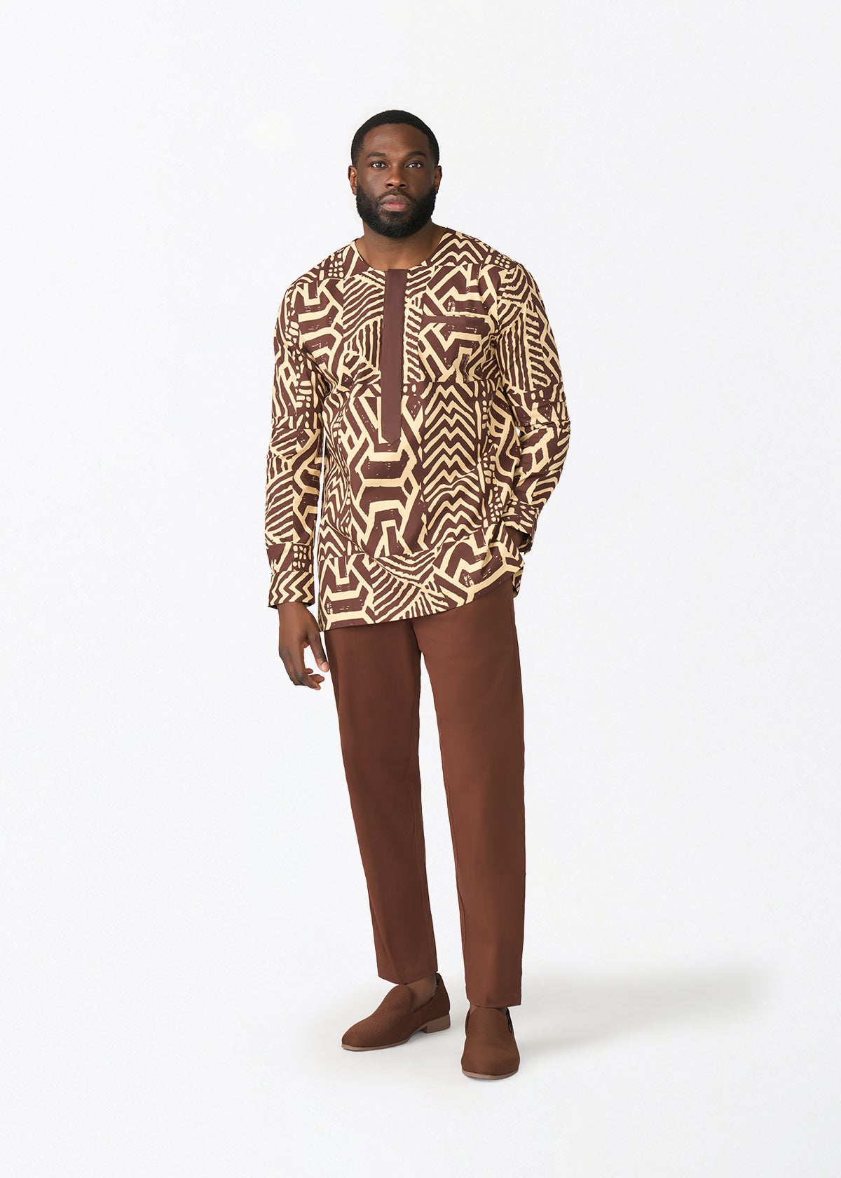 Ejiro Men's African Print Traditional Top (Chocolate Mousse Tribal) - D'IYANU
