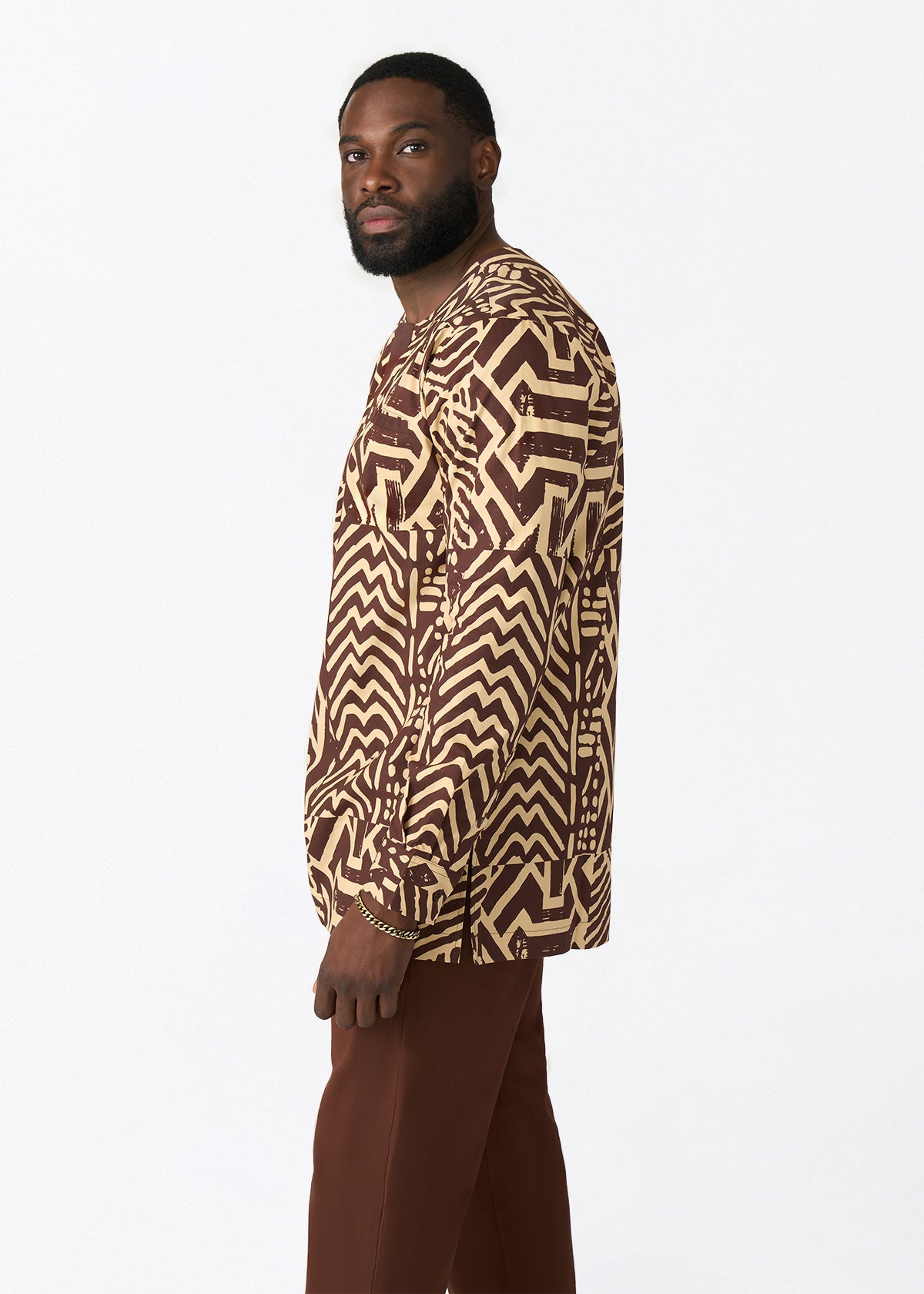 Ejiro Men's African Print Traditional Top (Chocolate Mousse Tribal) - D'IYANU