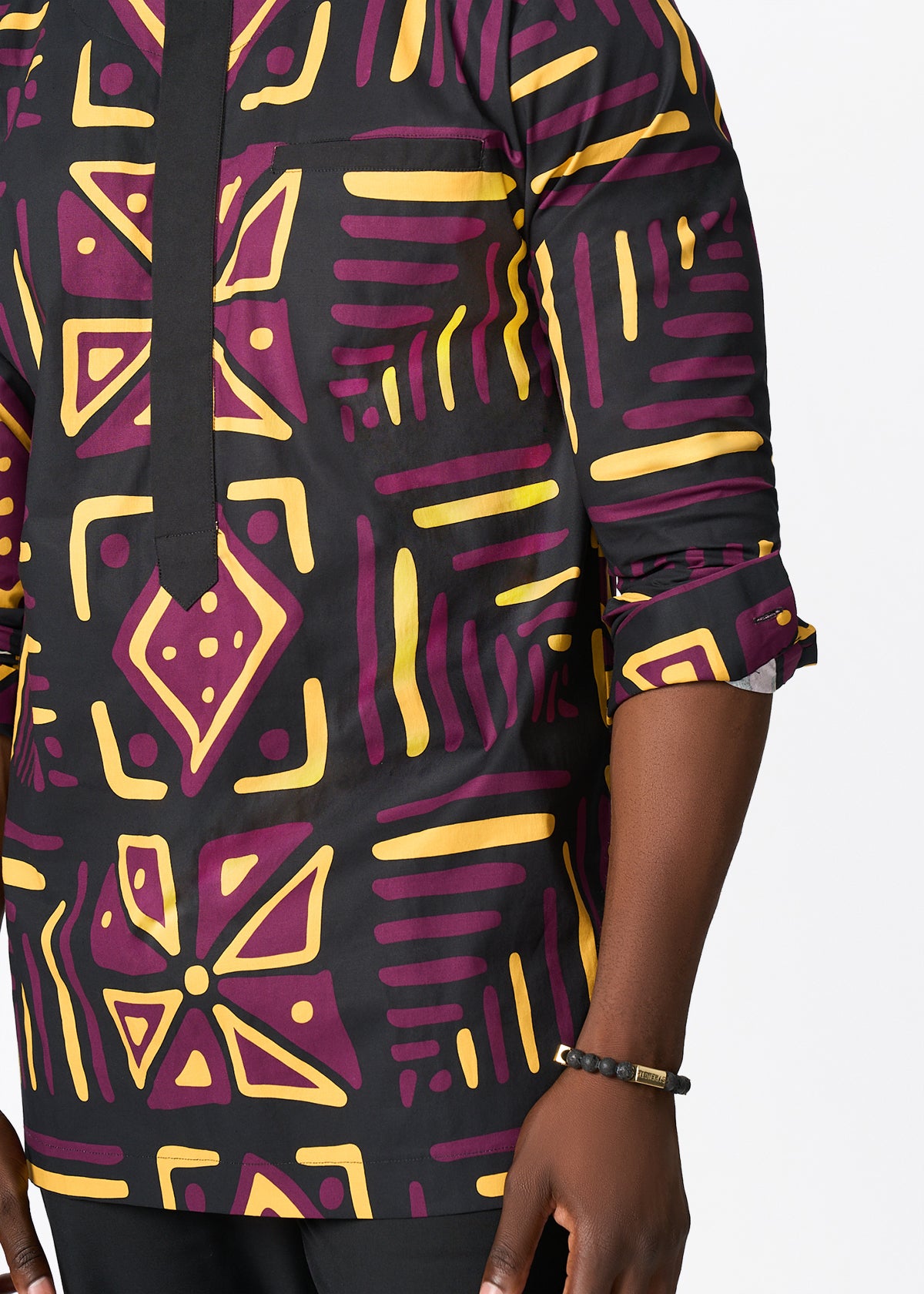 Ejiro Men's African Print Traditional Top (Plum Black Tribal) - D'IYANU