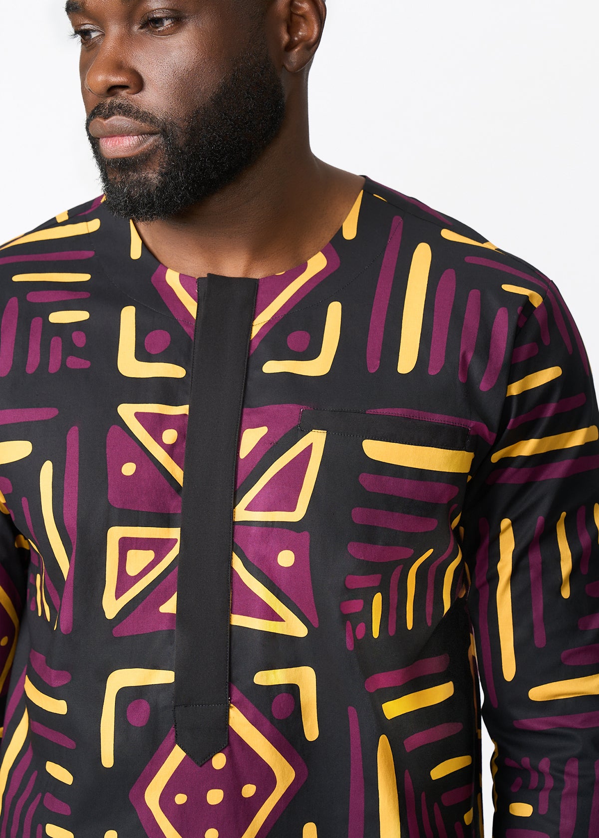 Ejiro Men's African Print Traditional Top (Plum Black Tribal) - D'IYANU