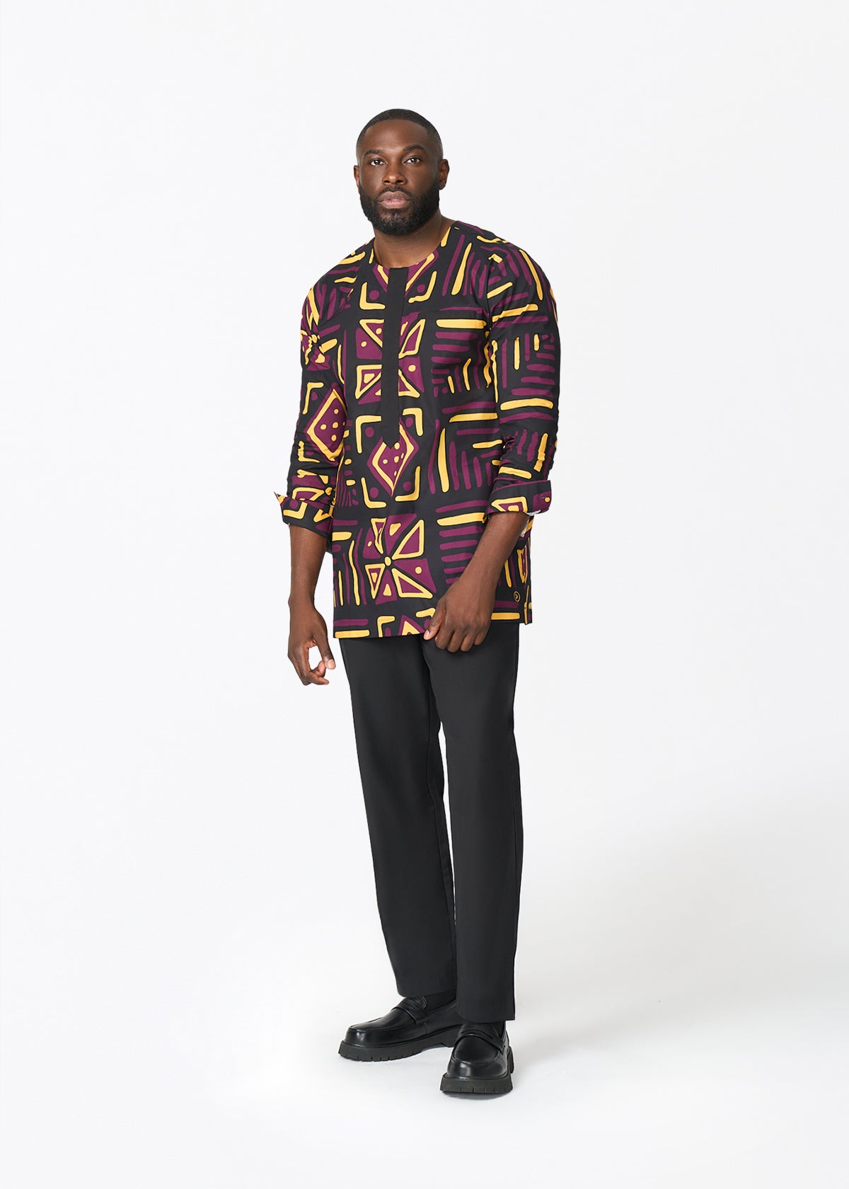 Ejiro Men's African Print Traditional Top (Plum Black Tribal) - D'IYANU