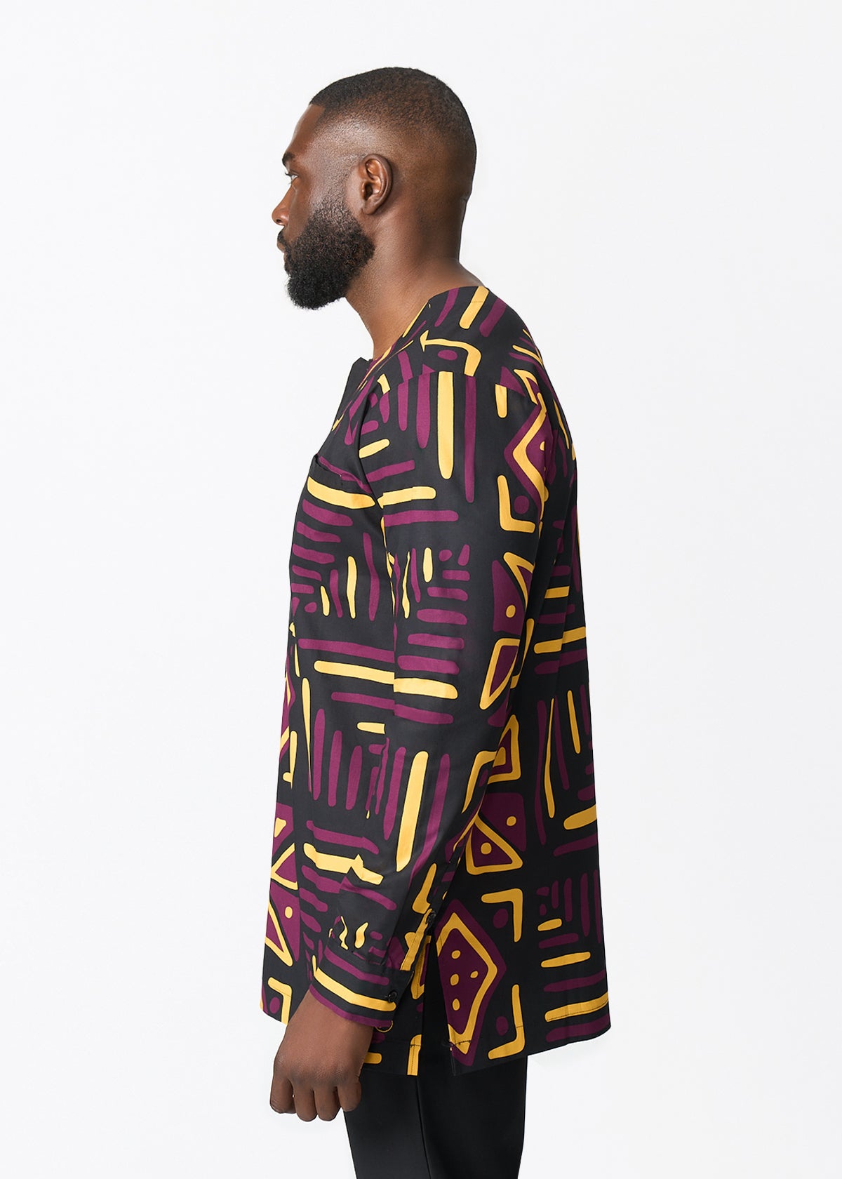 Ejiro Men's African Print Traditional Top (Plum Black Tribal) - D'IYANU