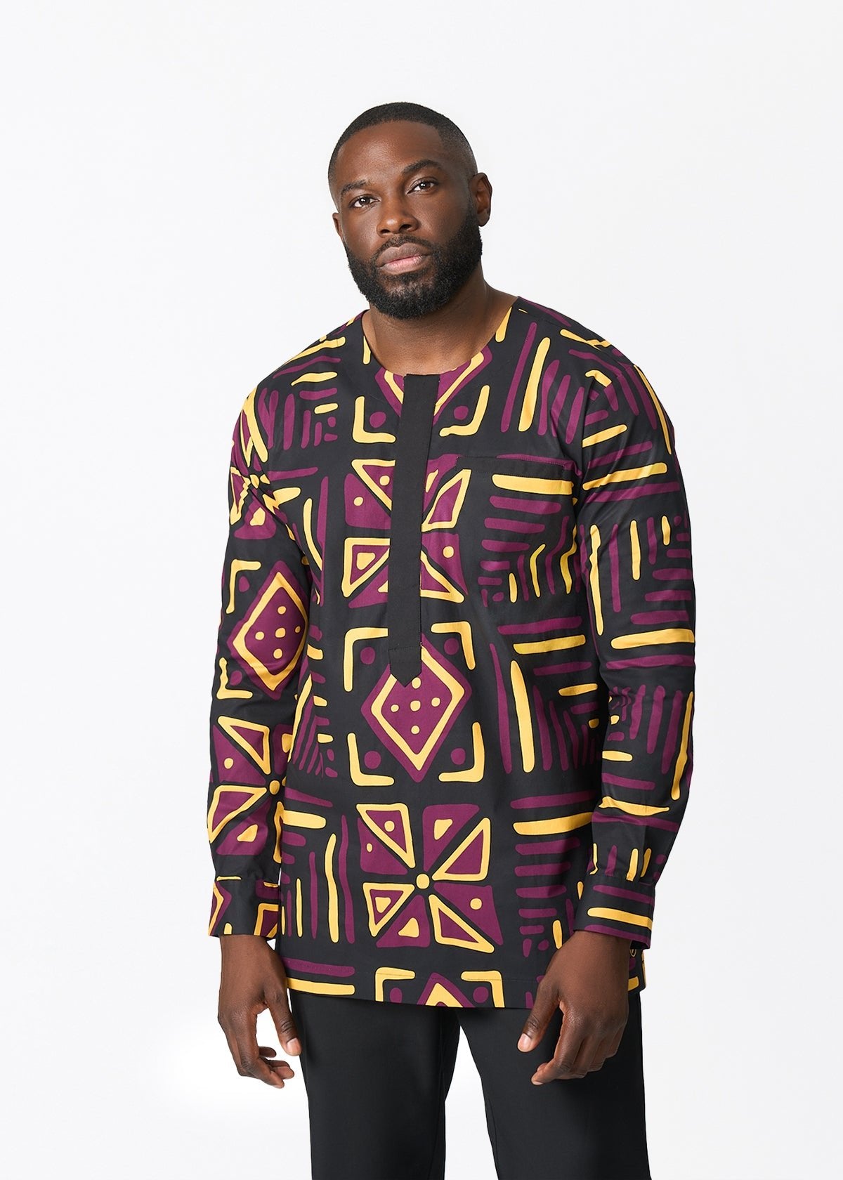 Ejiro Men's African Print Traditional Top (Plum Black Tribal) - D'IYANU