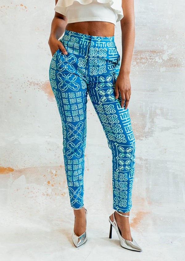 Talia Women's African Print Stretch Woven Pants (Cool Blue Adire)-Clearance